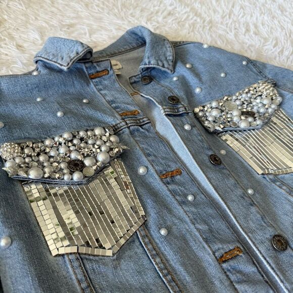 Custom Rhinestone and Pearl Bedazzled Disco Fringe Oversized Jean Jacket Size S - Picture 9 of 9
